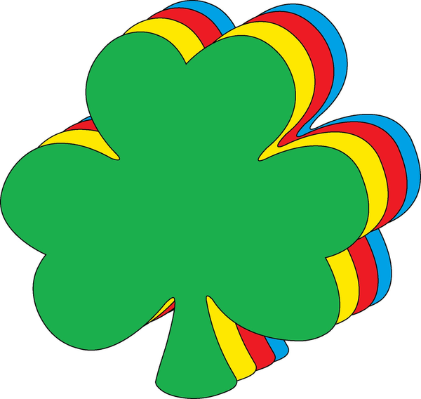 Green shamrock craft cut-out with layered multicolor outlines behind it.