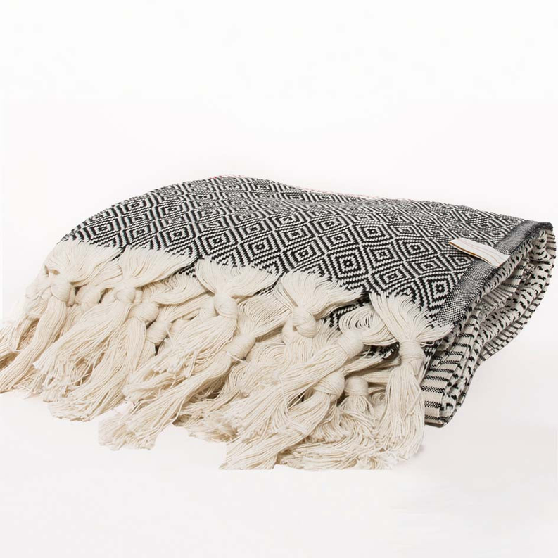 MEDI HAVLU towel, charcoal geometric pattern with cream fringes