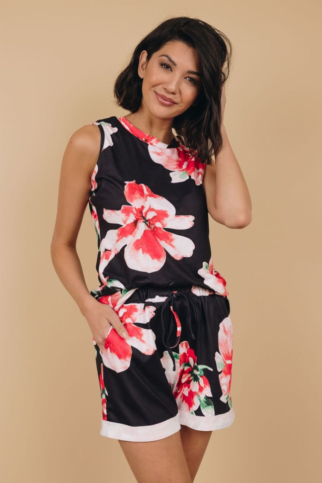 Black floral sleeveless loungewear set with drawstring shorts, front view