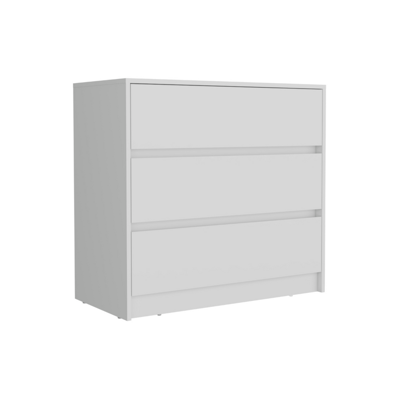 Light grey three-drawer dresser with three stacked drawers and straight edges.