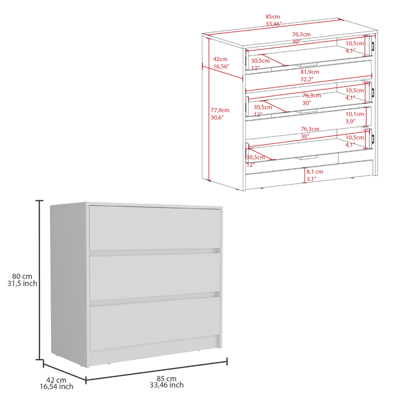 White three-drawer dresser, side view showing proportions and flat-panel drawer fronts.