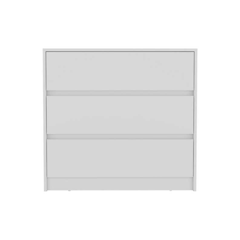 White three-drawer dresser, straight-on view with three horizontal drawer fronts.