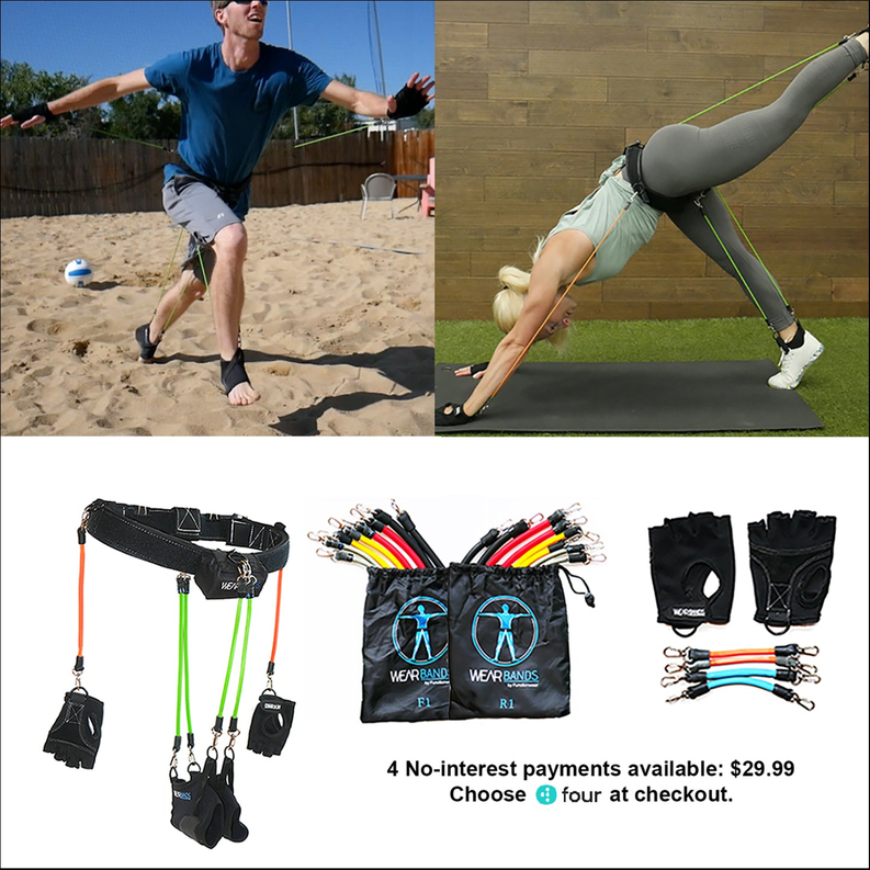 Resistance band kit with rainbow bands, black sleeves, and lower-body straps with clips