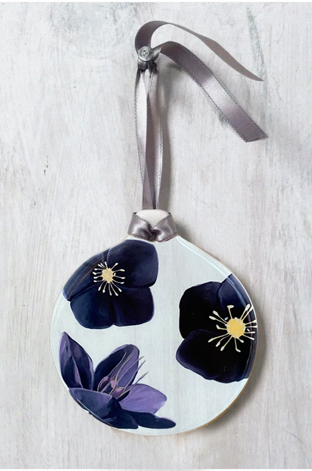 Navy and purple flower room ornament with hanging satin ribbon