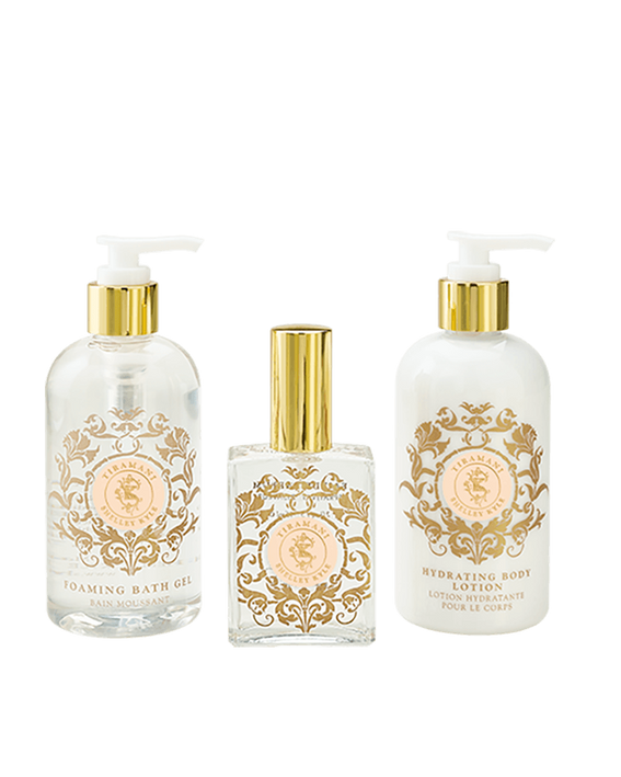 Bath care gift set of bottles with gold caps, including foaming gel and lotion