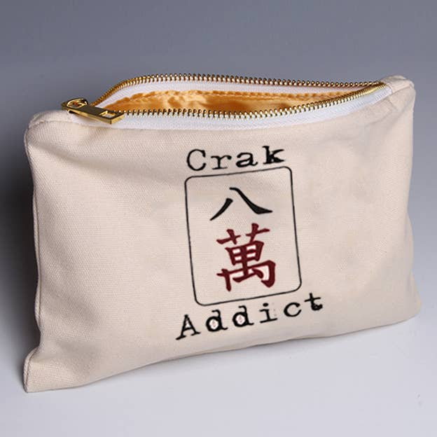 Crak Addict mah jongg pouch, cream canvas zip pouch with Crak Addict logo