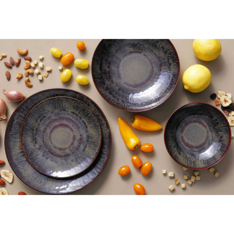 Coupe bowl set of 3, dark blue-gray mottled glaze with red-brown rim