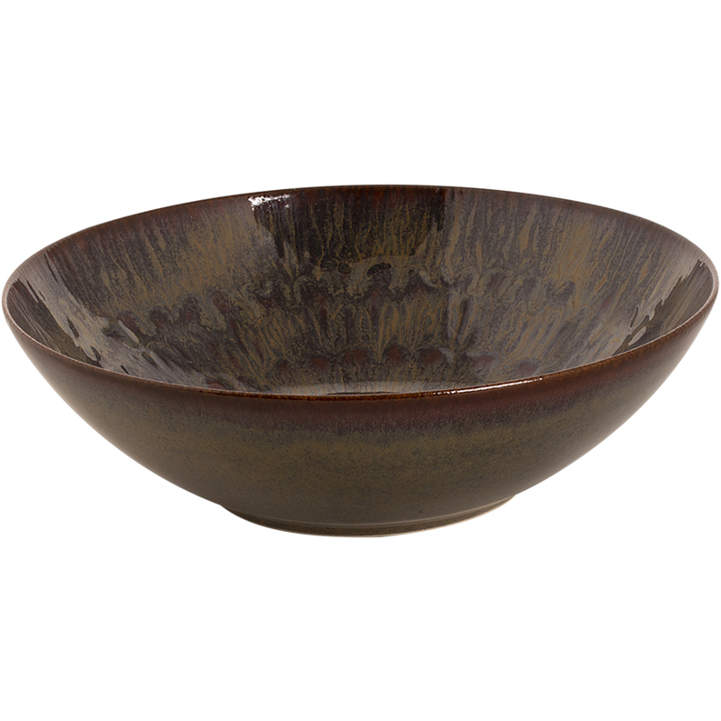 Coupe bowl, wide side view with dark brown-green mottled glaze and smooth rim