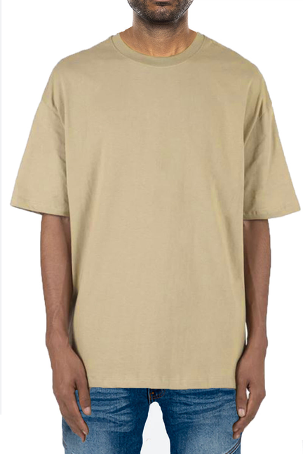 Khaki drop-shoulder crewneck tee shirt with short sleeves, relaxed fit