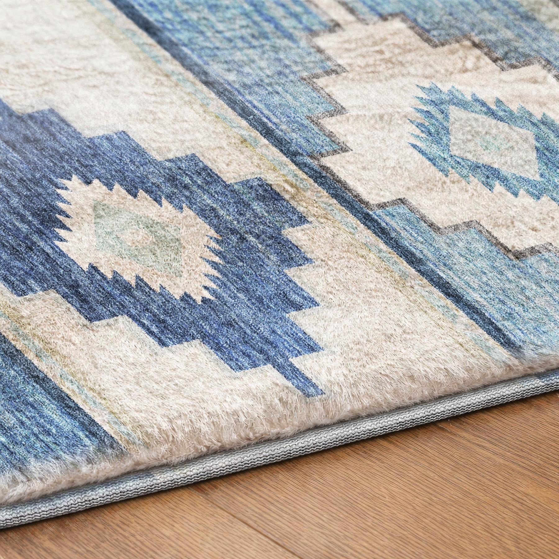 10' X 14' Blue And Denim Blue Geometric Shag Washable Area Rug With UV Protection - Home & Garden