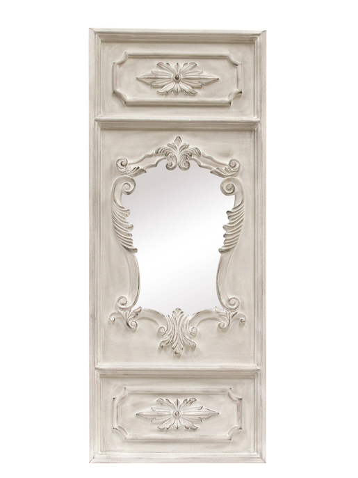 White ornate wall mirror with top plaque, arched center glass, and carved scrollwork frame