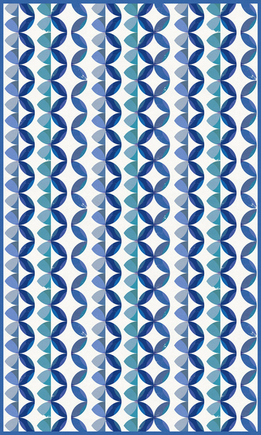 Blue and aqua vinyl floor covering with repeating teardrop quatrefoil pattern in vertical stripes