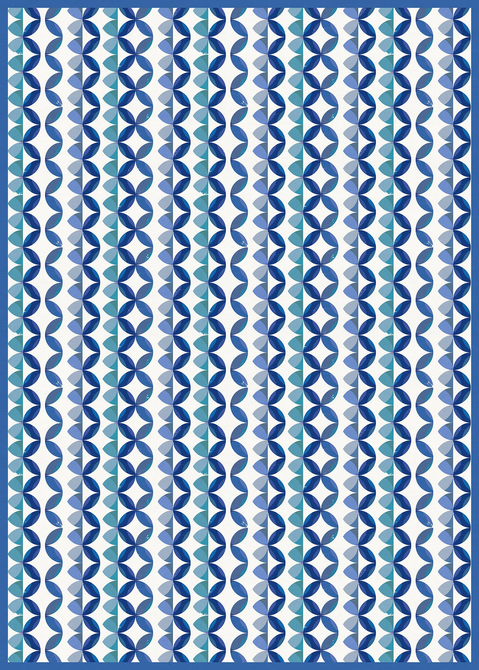 Blue and aqua vinyl floor covering with repeating leaf quatrefoil pattern in evenly spaced columns