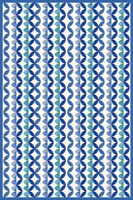 Blue and aqua vinyl floor covering with alternating quatrefoil shapes and vertical stripe pattern