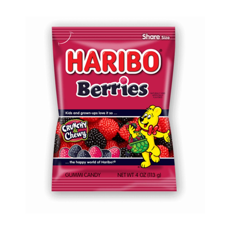Haribo Berries gummy candy pouch, red berry fruit pieces, share size