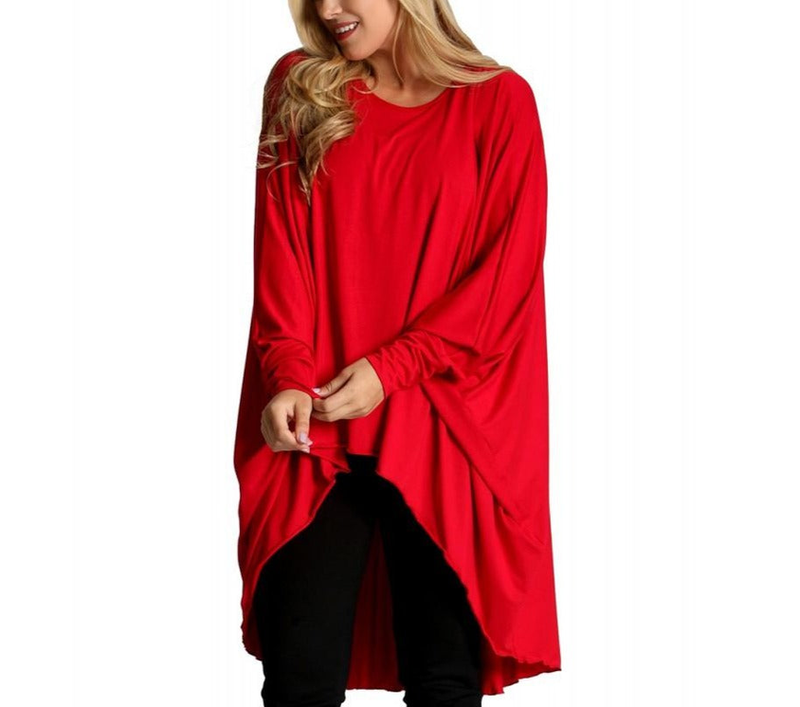 Red tunic cardi top with rolled cuff sleeves and side drape hem