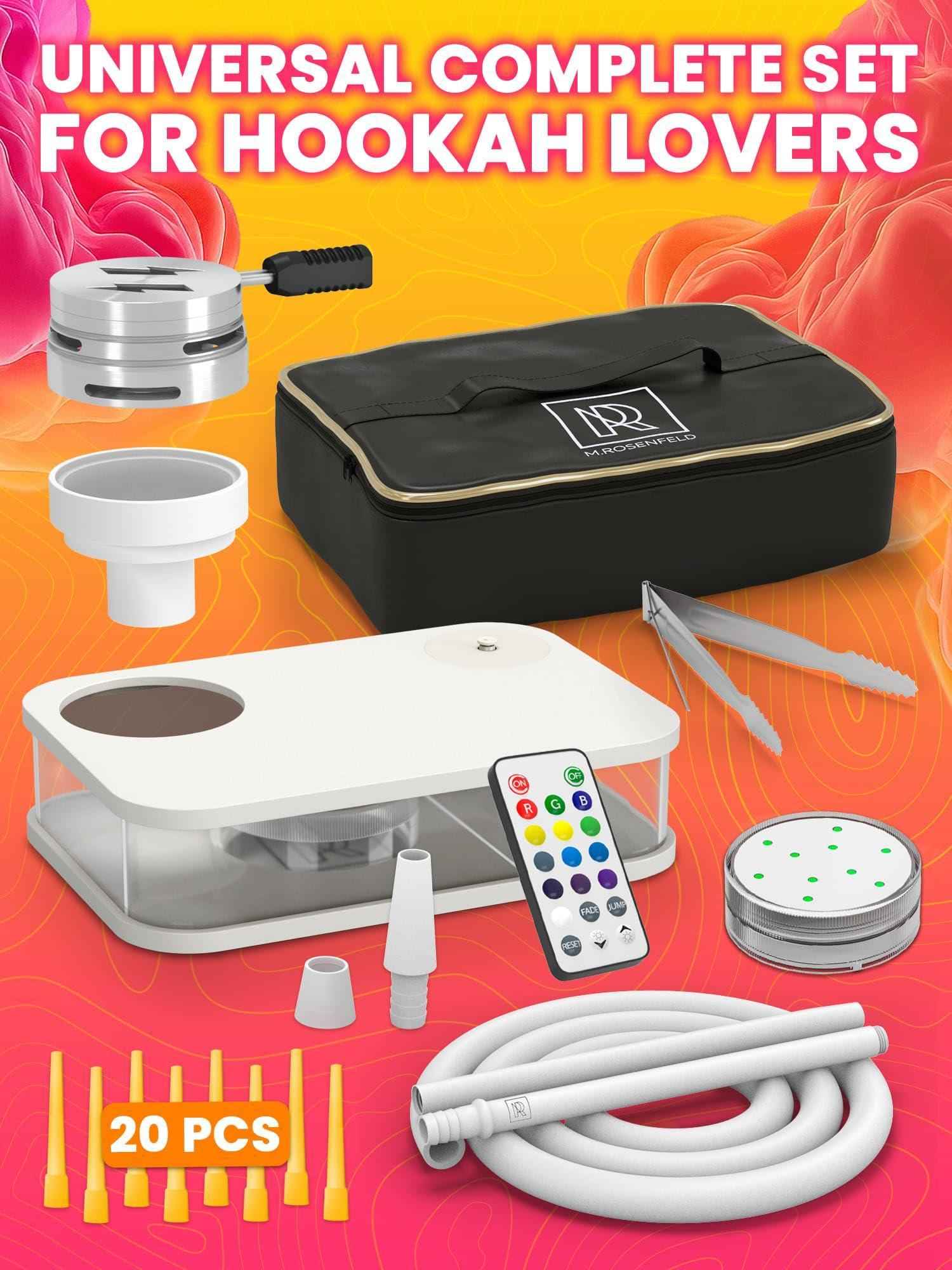 M. ROSENFELD Portable White Hookah Set With Everything And Bag   Premium White Small Hookah Set For Travel Flat Hookah Box Hookah Set With Charcoal Holder   Travel Hookah Set With Everything