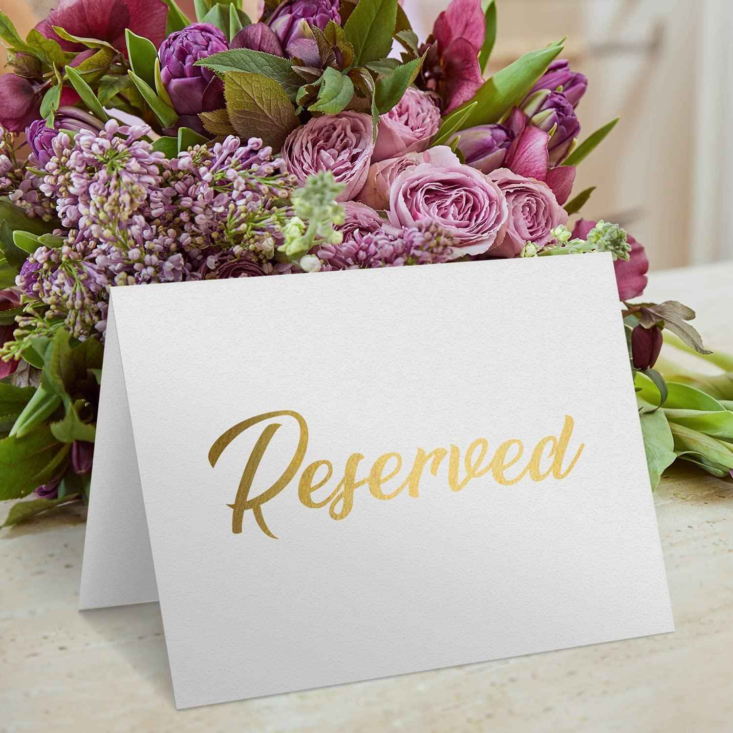 10 Pack Gold Reserved Table Signs for Wedding Party Restaurant   Double Sided Reserved Table Signs   Gold Reserved Signs for Tables   Gold Table Reserved Cards   White Paper Reserved Table Tent Card