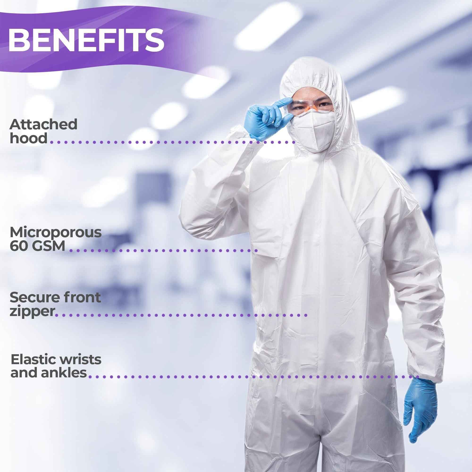 AMZ Medical Supply Disposable Coveralls for Men Women 2X Large Pack of 5 White Hazmat Suits Disposable with Hood Zipper 60gsm Microporous Hazmat Suit Costume Waterproof Lab Coveralls Disposable