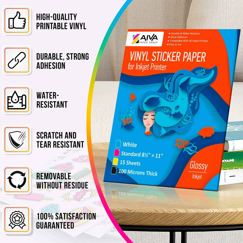 Printable Vinyl Sticker Paper for Inkjet Printer Glossy White 15 SelfAdhesive Sheets Waterproof Decal Paper Standard Letter Size 8.5x11