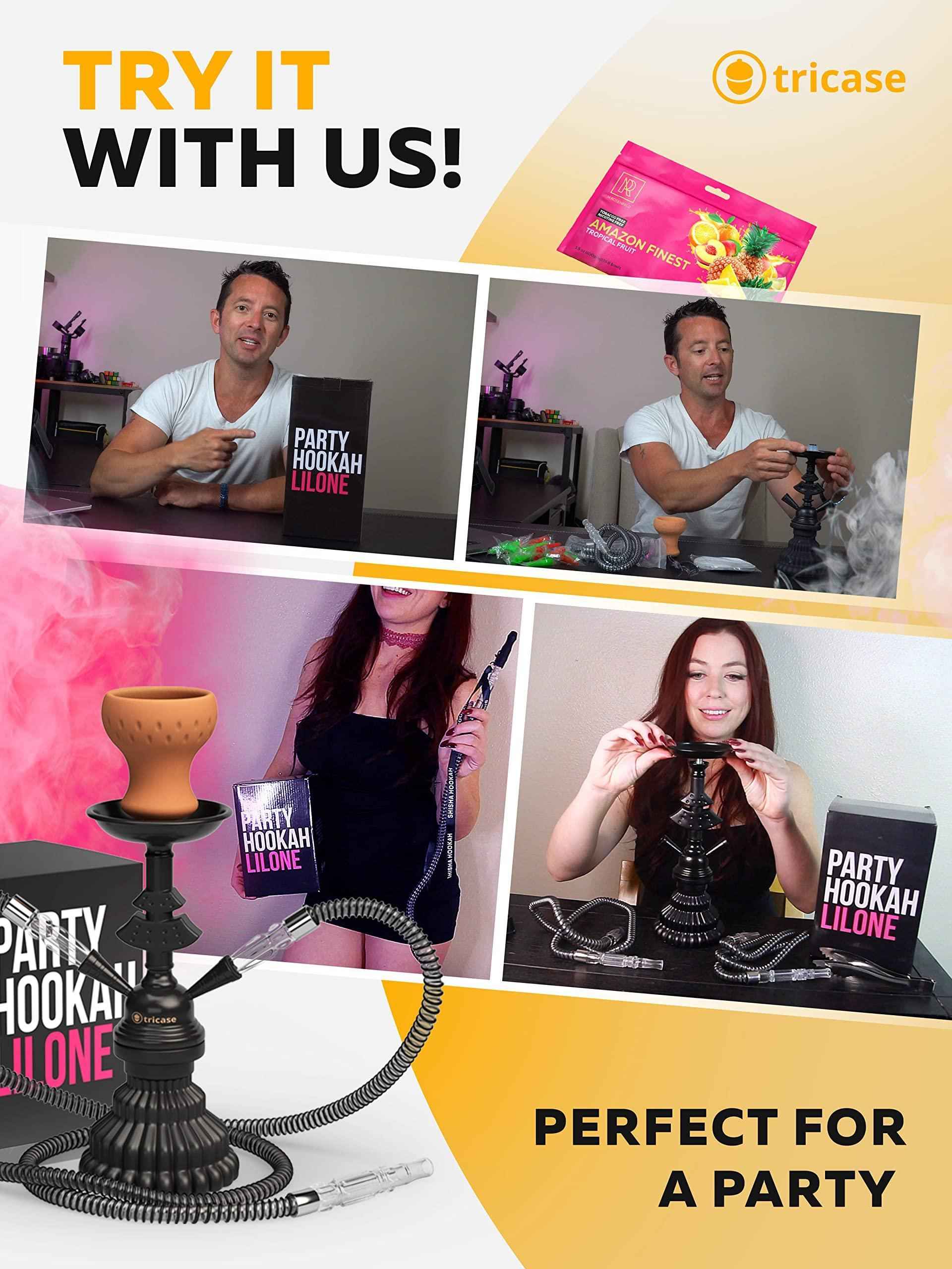 Hookah Set 2 Hose Hookah – LilOne 12” Black Mini Hookah 2 Hose Hookah Set with 50x Foil Hookah Bowl 10x Tips 2x Mouthpiece 2x Hookah Hose Tongs Portable Hookah set with everything Hookah Kit