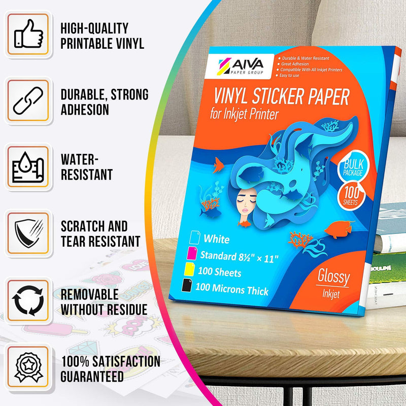 Printable Vinyl Sticker Paper Waterproof Decal Paper for Inkjet Printer 100 SelfAdhesive Sheets Glossy White Standard Letter Size 8.5x11