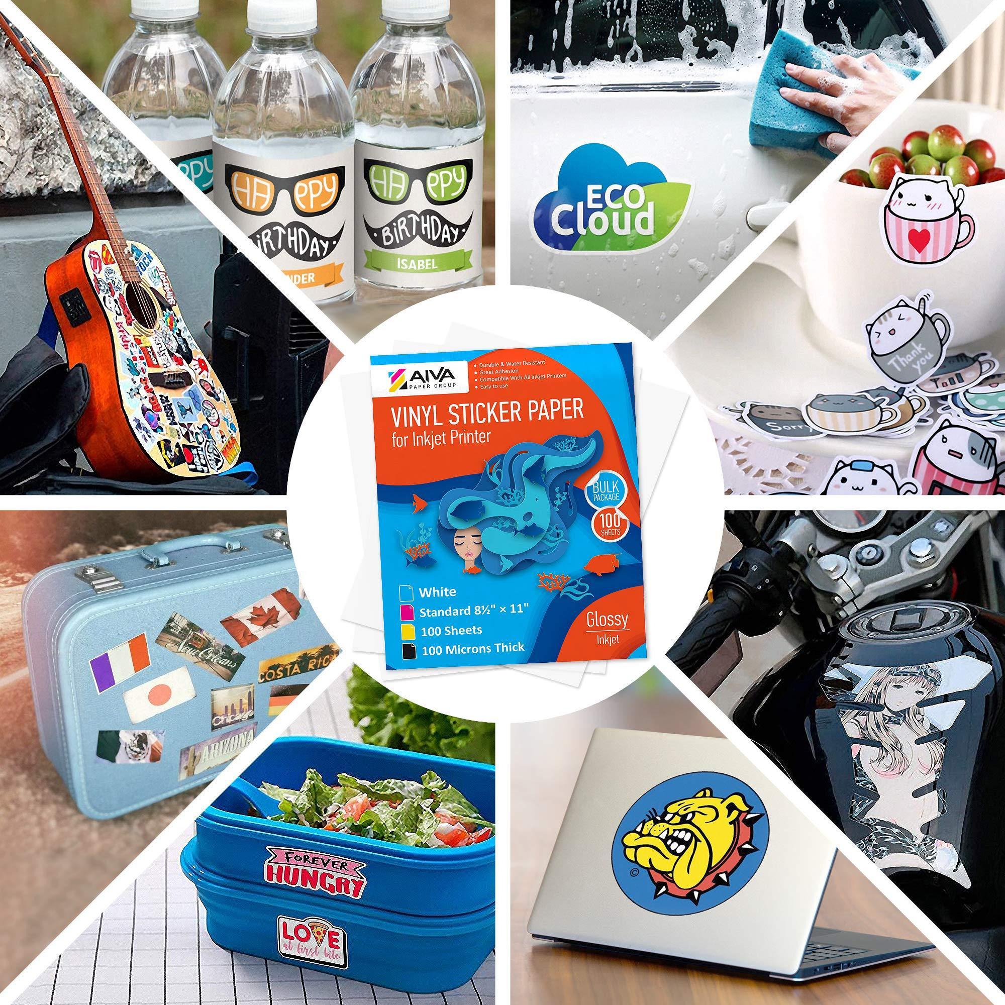 Printable Vinyl Sticker Paper Waterproof Decal Paper for Inkjet Printer 100 SelfAdhesive Sheets Glossy White Standard Letter Size 8.5x11