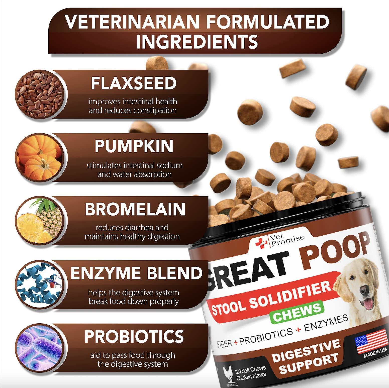 Great Poop Probiotics for Dogs Dog Stool Softener Fiber for Dogs Supplement 6 Probiotics and Digestive Enzymes Healthy Gut Firm Stool & Diarrhea Relief 120 Chews