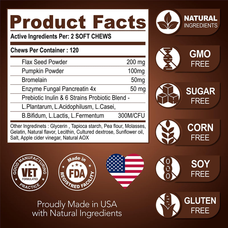 Great Poop Probiotics for Dogs Dog Stool Softener Fiber for Dogs Supplement 6 Probiotics and Digestive Enzymes Healthy Gut Firm Stool & Diarrhea Relief 120 Chews