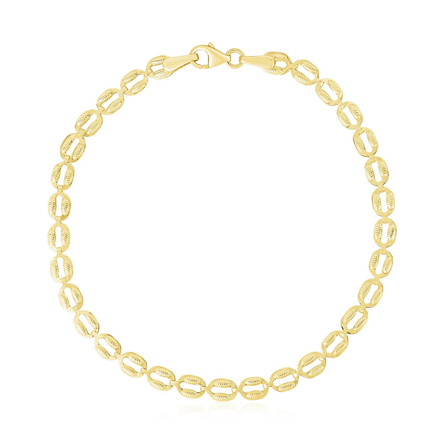 14k Yellow Gold High Polish Textured Puffed Oval Link Bracelet (3.8mm) - 7'' - Apparel & Accessories