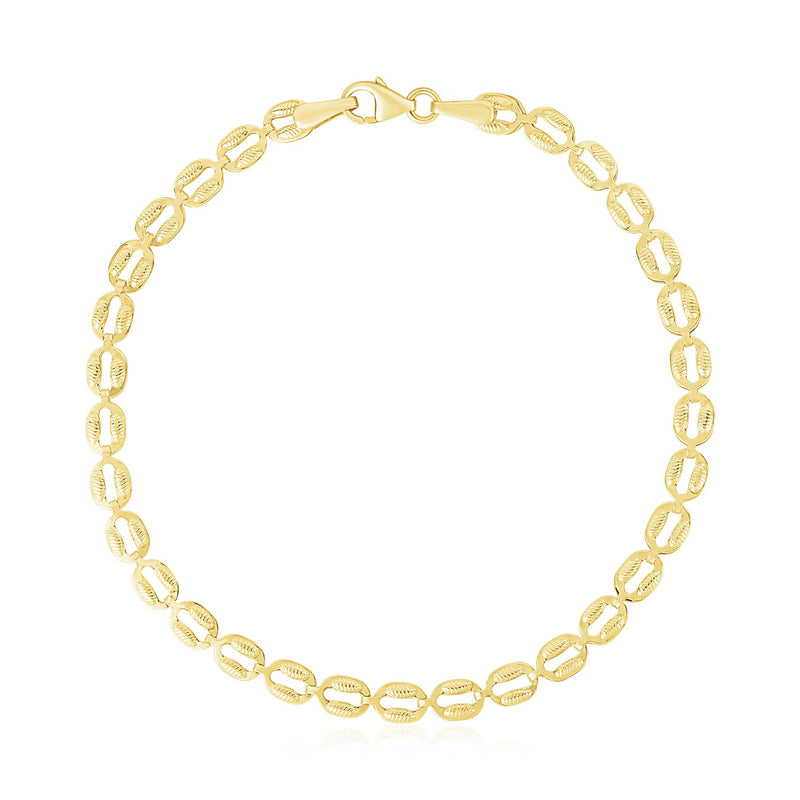 14k Yellow Gold High Polish Textured Puffed Oval Link Bracelet (3.8mm) - 7'' - Apparel & Accessories