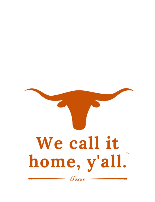 White kitchen towel with orange longhorn icon and “We call it home, y’all.” text