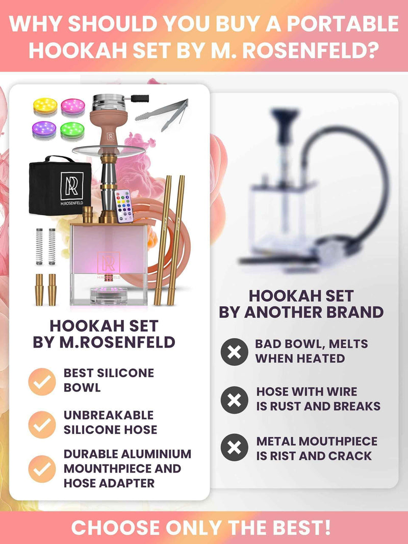 Rose Gold Hookah Set 2 Hose   YADO Square Hookah To Go with Hookah Charcoal Holder Heat Management Device and Big Rose Silicone Hookah Bowl and Bag for Shisha Portable Hookah Set with Everything