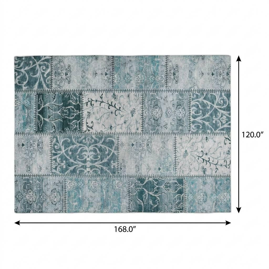 10' X 14' Teal And Ivory Floral Shag Washable Area Rug With UV Protection - Home & Garden