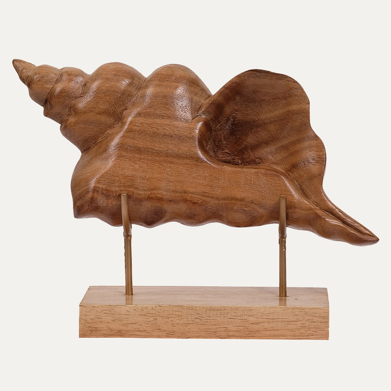 Wooden bird sculpture on a stand with smooth, carved texture