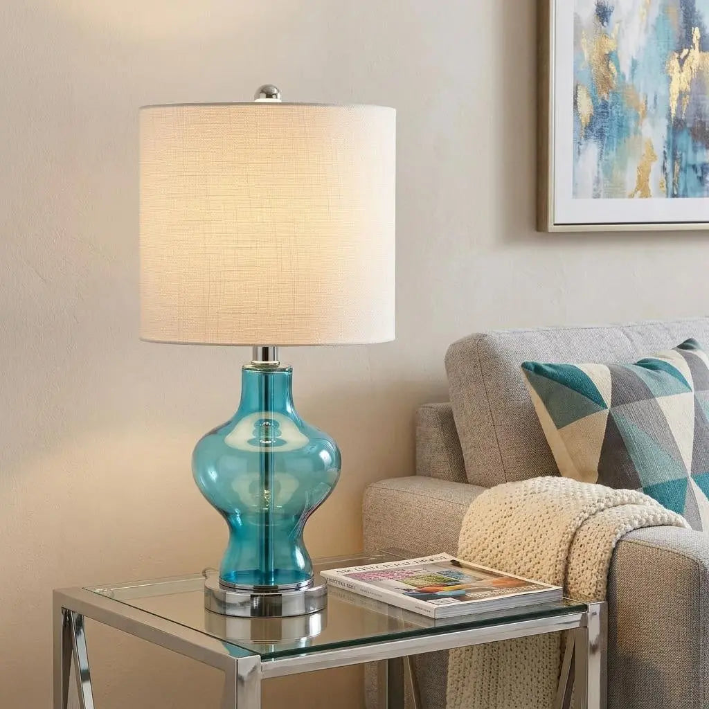 21" Aqua And Silver Novelty Bedside Lamp With Drum Shade Homeroots Lighting
