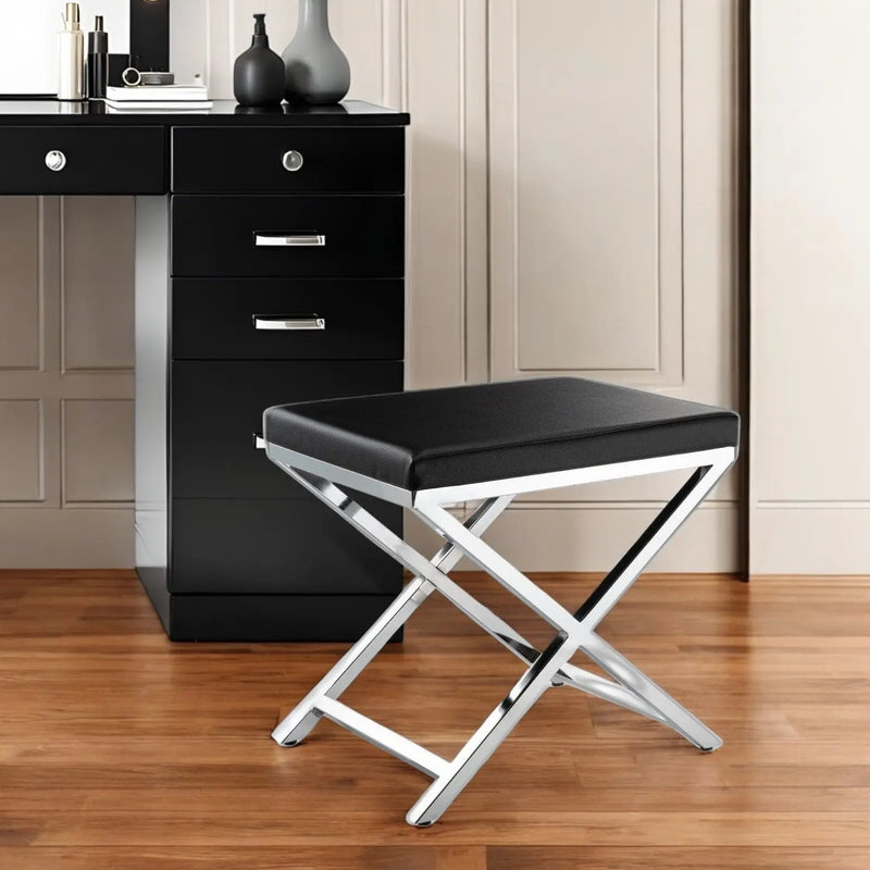21" Black and Silver Faux Leather Vanity Chair Homeroots Living Room