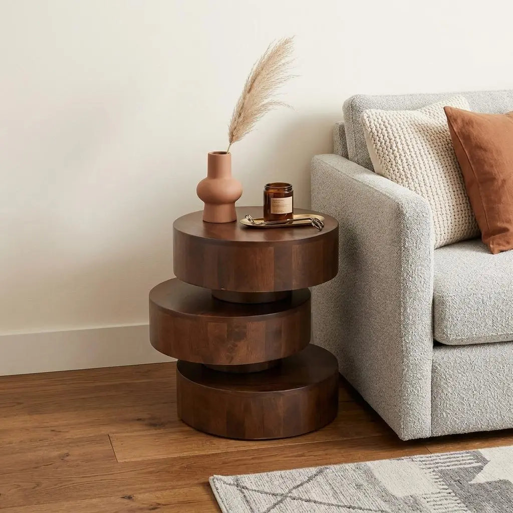 21" Brown Solid Wood Round Drum End Table Homeroots Living Room