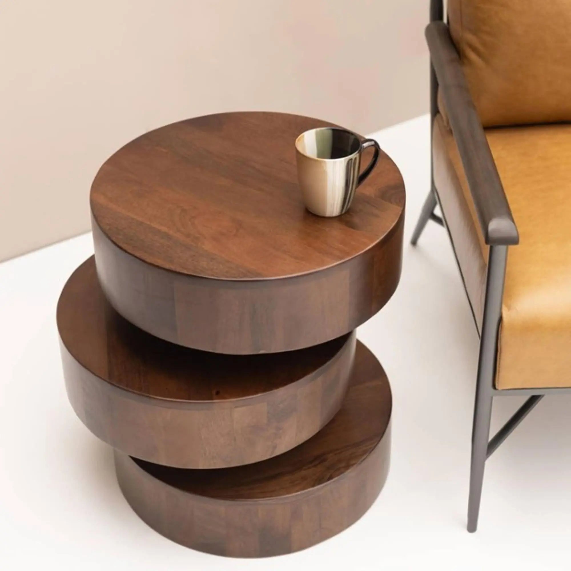 21" Brown Solid Wood Round Drum End Table Homeroots Living Room