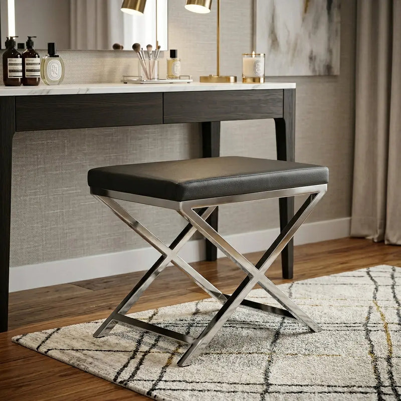 21" Charcoal and Silver Faux Leather Vanity Chair Homeroots Living Room
