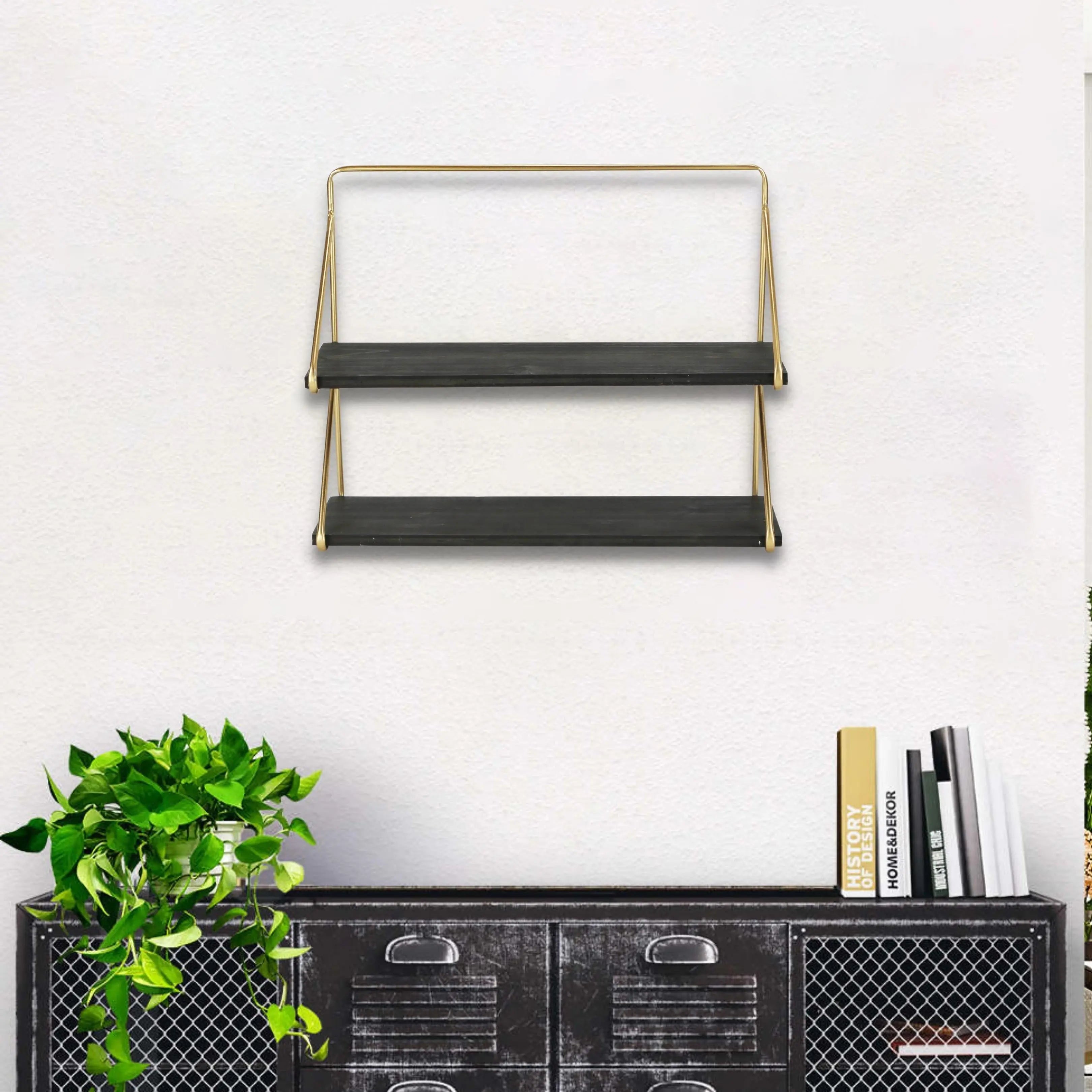 21" Dark Gray And Gold Metal And Wood Wall Mounted Tiered Shelf Homeroots Organization