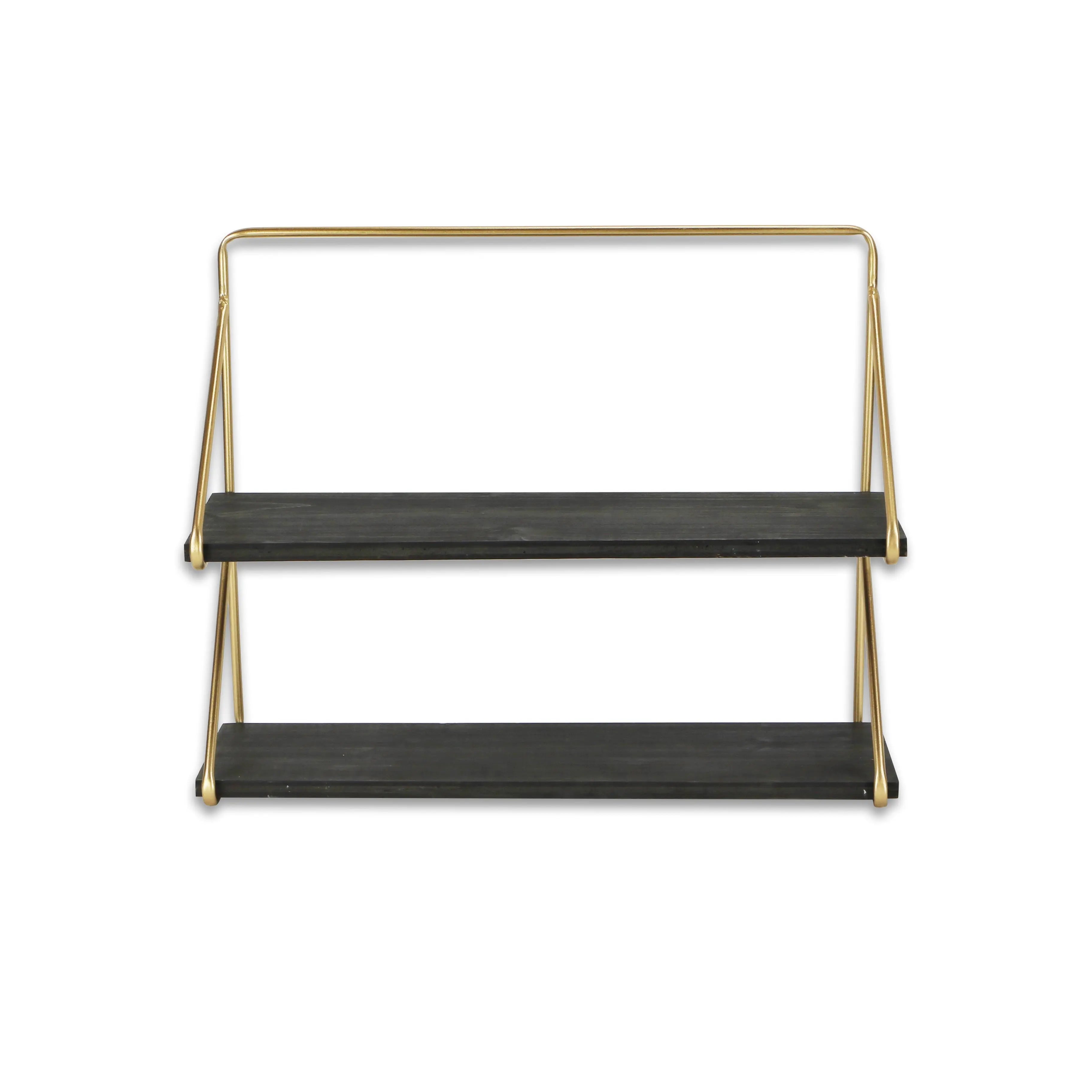 21" Dark Gray And Gold Metal And Wood Wall Mounted Tiered Shelf Homeroots Organization