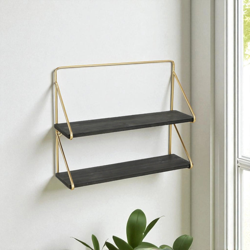 21" Dark Gray And Gold Metal And Wood Wall Mounted Tiered Shelf Homeroots Organization