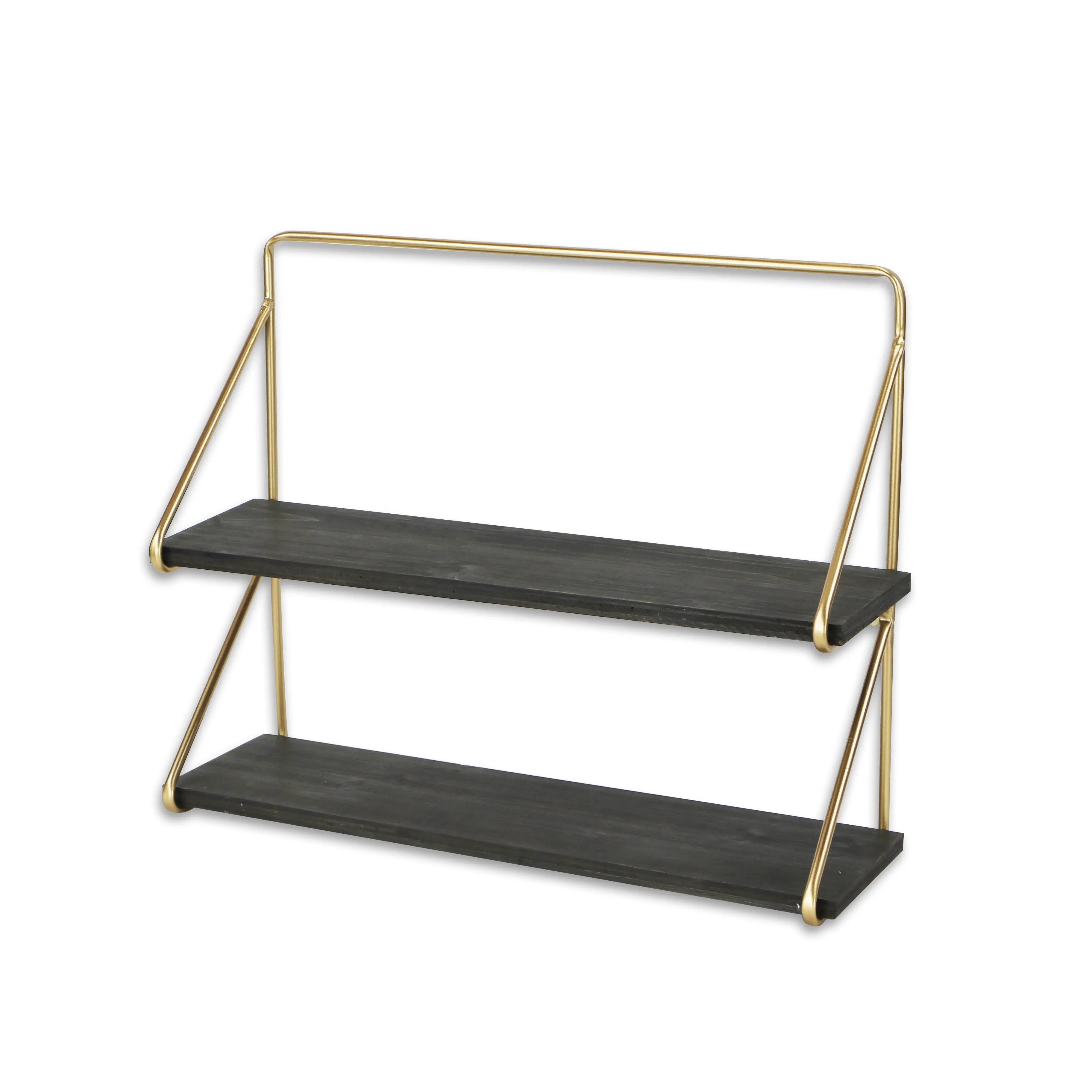 21" Dark Gray And Gold Metal And Wood Wall Mounted Tiered Shelf Homeroots Organization
