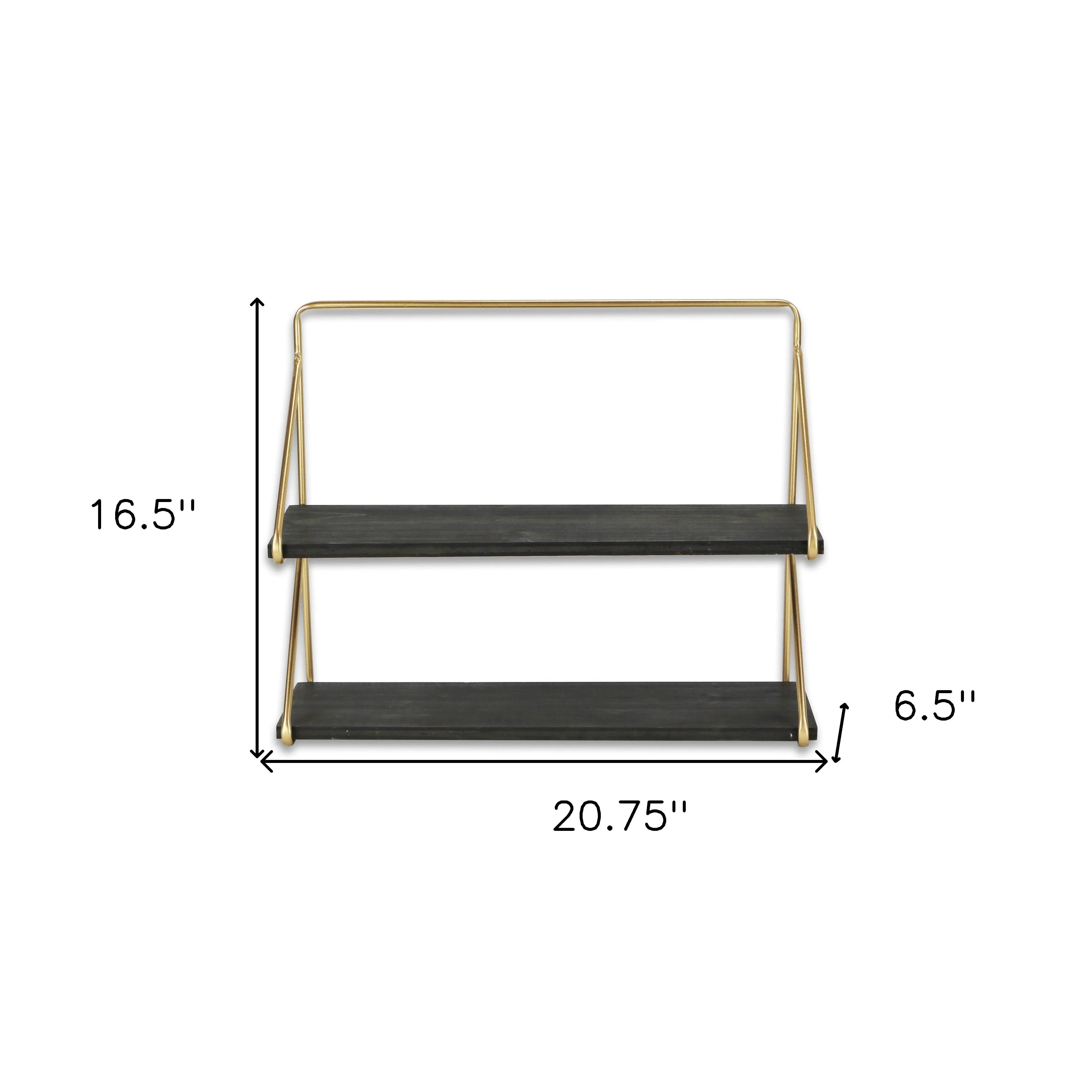 21" Dark Gray And Gold Metal And Wood Wall Mounted Tiered Shelf Homeroots Organization