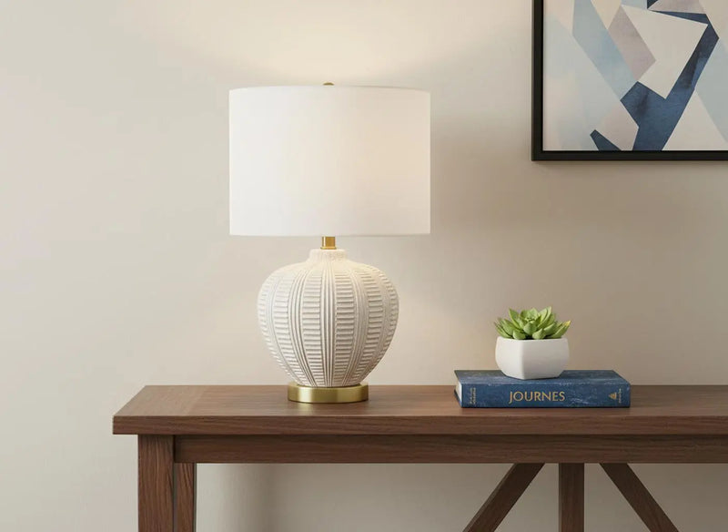 21" Gold and White Urn Table Lamp With Ivory Drum Shade Homeroots Lighting