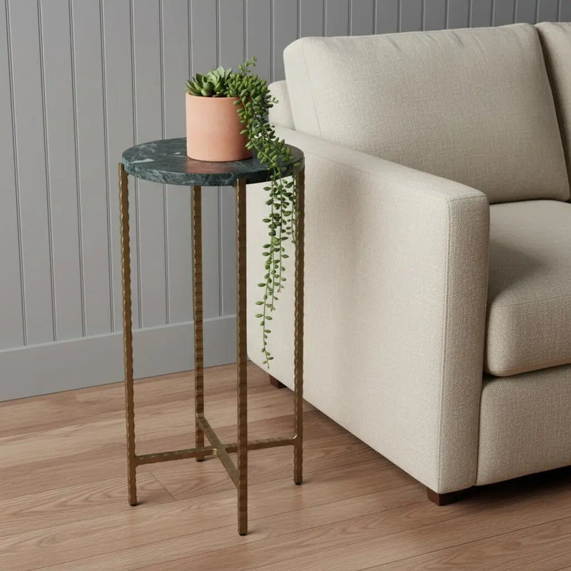 21" Green and Gold Marble and Iron Drink Size Round End Table - GreatEagleInc