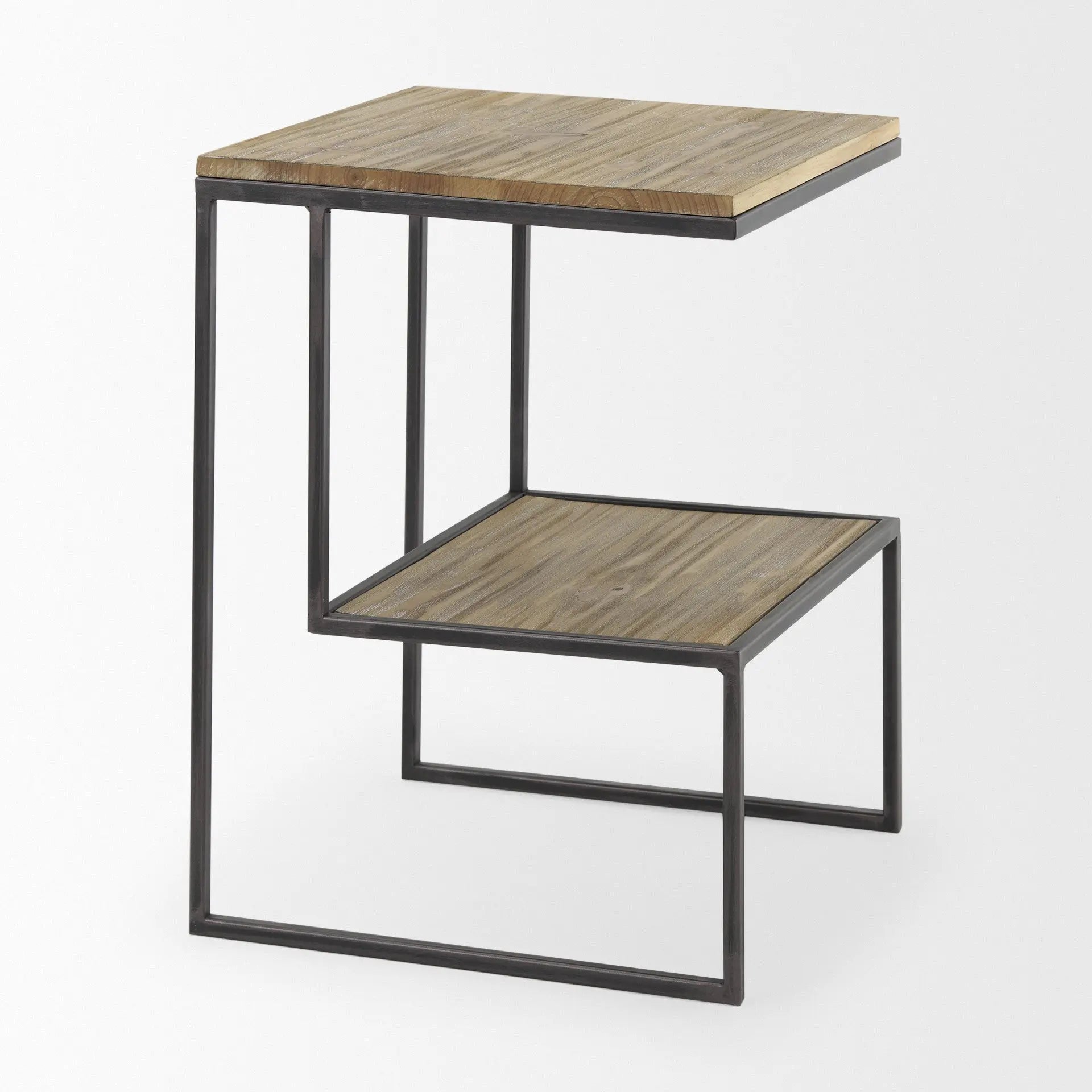 21" Light Brown and Black Solid Wood and Iron Square Sled End Table With Shelf Homeroots Living Room