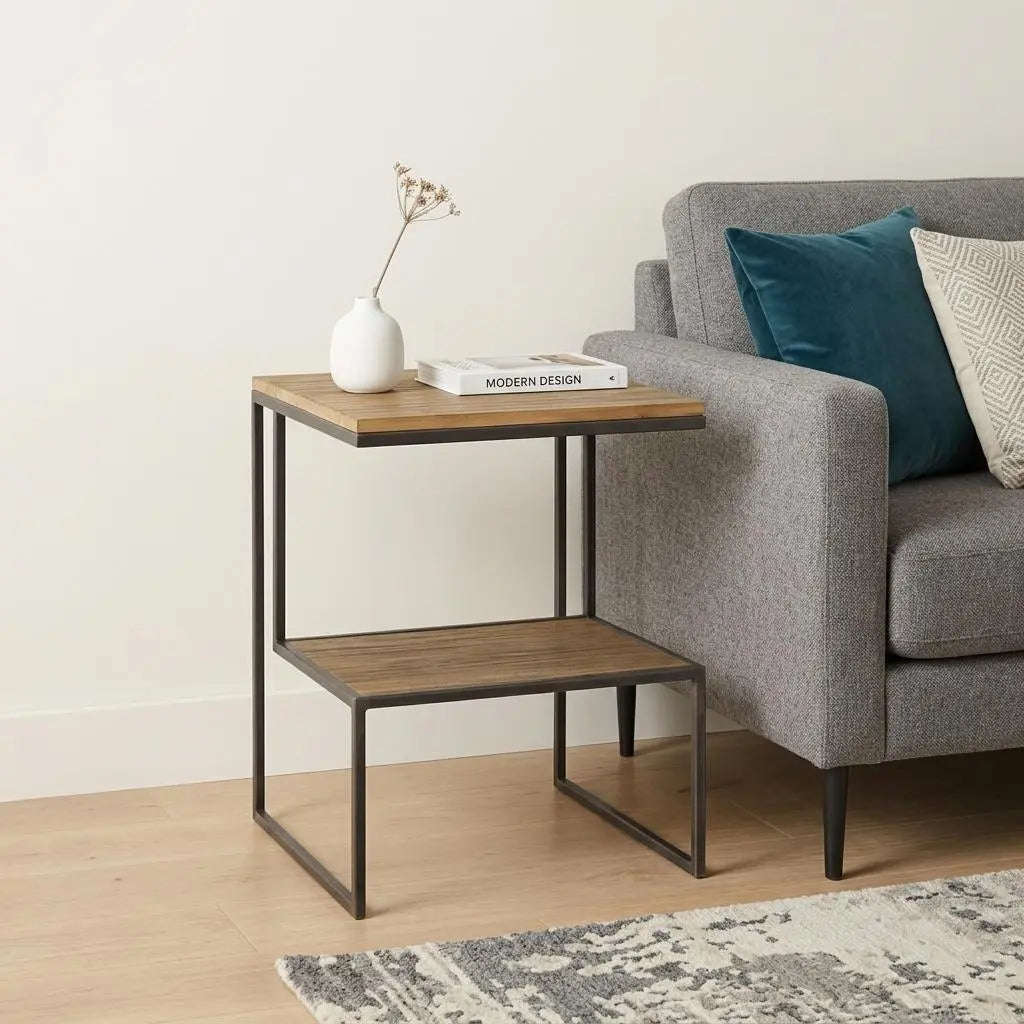 21" Light Brown and Black Solid Wood and Iron Square Sled End Table With Shelf Homeroots Living Room