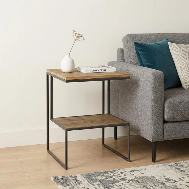 21" Light Brown and Black Solid Wood and Iron Square Sled End Table With Shelf Homeroots Living Room